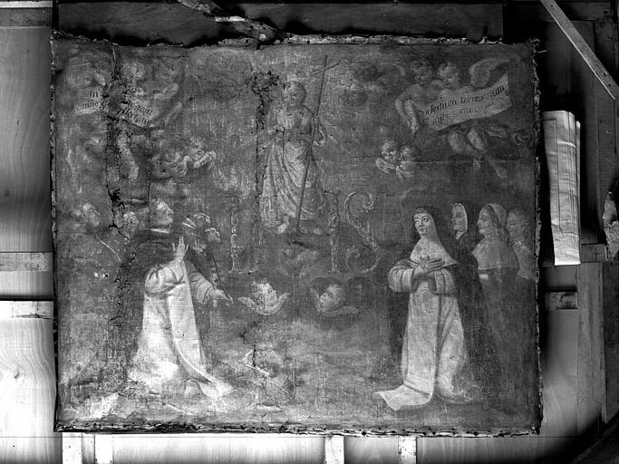 Jésus tenant la croix entre saint Dominique et sainte Catherine de Sienne, peinture sur toile