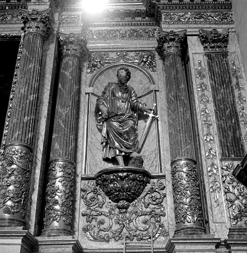 Retable, statue : 'Saint Paul', retable architecturé, bois sculpté, peint, doré ; après restauration