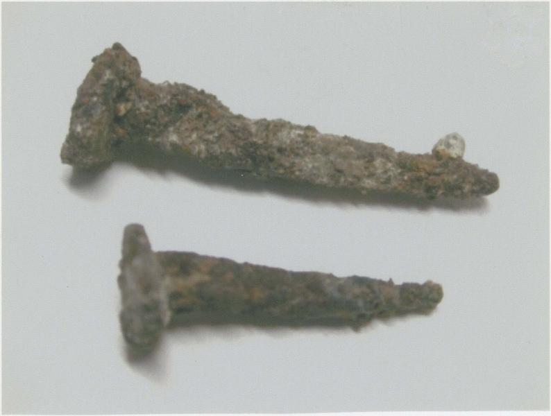 Deux clous provenant de la sépulture de l'évêque Raimond d'Ogeu