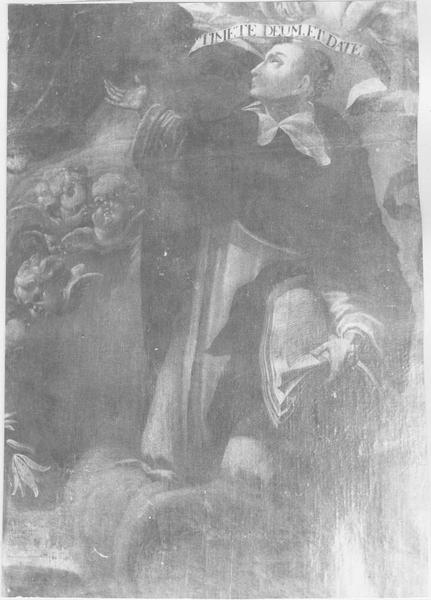 tableau, cadre : saint Vincent Ferrier et saint Dominique recevant le rosaire, détail