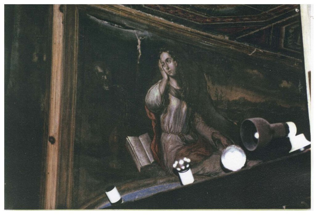 9 tableaux : Christ lavant les pieds, le Repas chez Simon, Personnages encadrant un buste du Christ-Roi, Deux anges encadrant un buste de la Vierge, l'Ange gardien, un Ange terrassant un diable, Madeleine méditant, la Visitation, la Circoncision (photocopie numérisée)