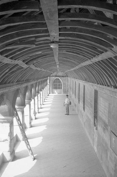 Cloître, intérieur : galerie de l'aile nord, charpente en carène renversée et homme