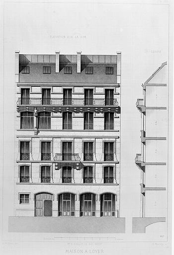 Gravure : Elévation et coupe de la façade sur rue