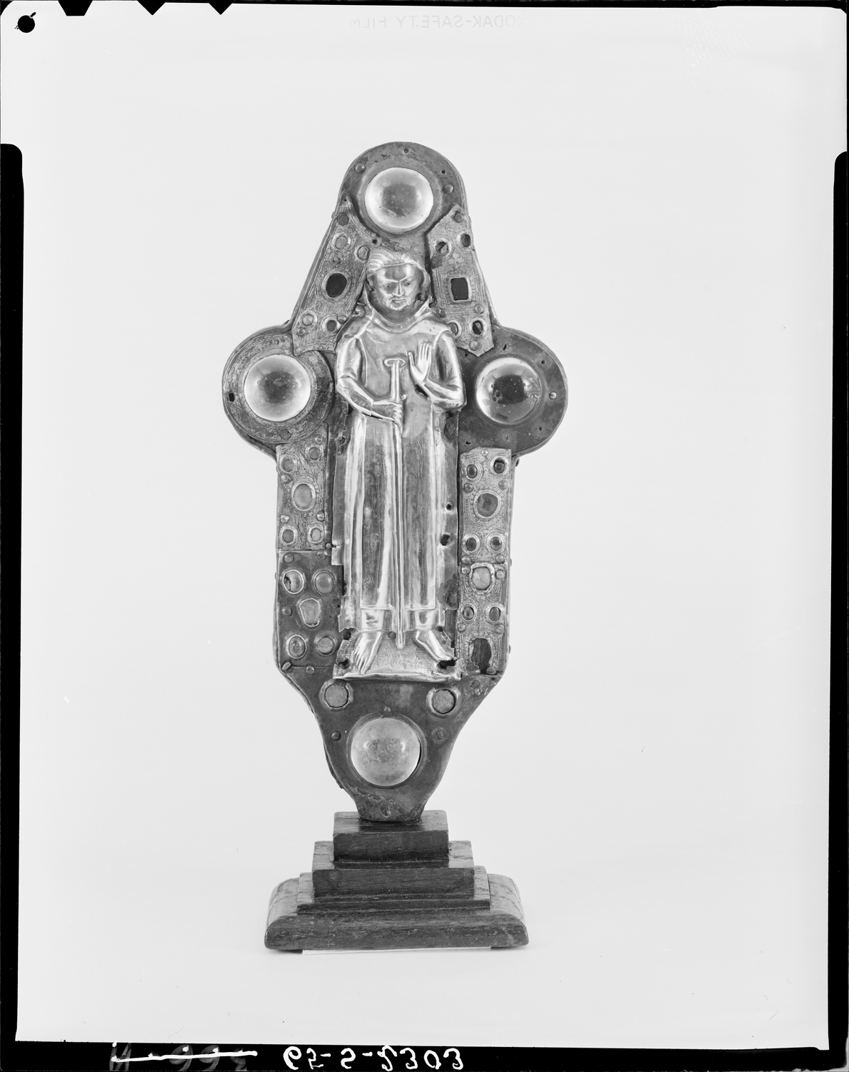 Reliquaire de saint Léobon en cuivre doré sur âme de bois, figure d'applique en argent et cabochons