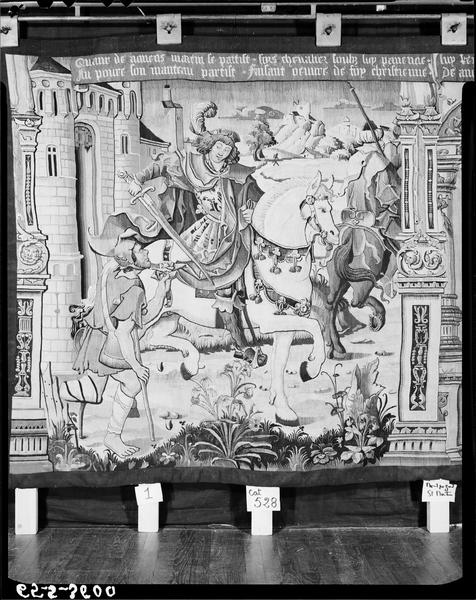 Pièce murale : la légende de saint Martin de Tours, pièce n°1, première scène représentant le partage du manteau