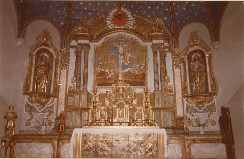 Autel, retable, tabernacle, bas-relief, 6 statues (maître-autel, statuette) : Martyre de saint Félix (le), saint Jean l'évangéliste, saint Jean-Baptiste