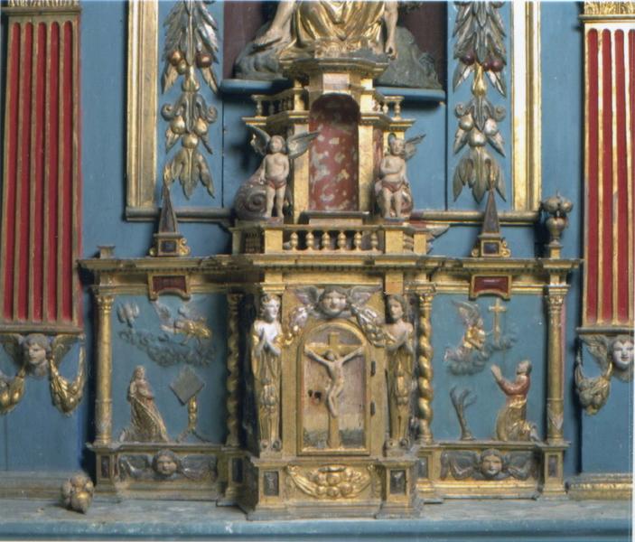 autel, retable, tabernacle, exposition, groupe sculpté, deux statues : saint Jacques-pélerin et saint Blaise (maitre-autel)