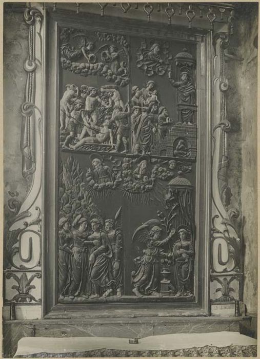 5 bas-reliefs du retable de Notre-Dame-de-Pitié : l'Annonciation, la Visitation, le Martyre de saint Laurent, Dieu le père dans une nuée, la Fuite en Egypte