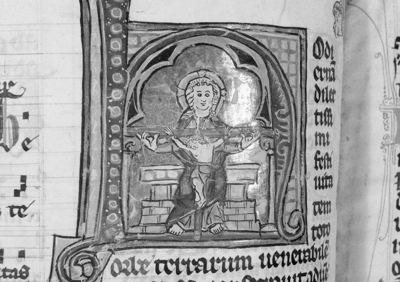 Manuscrit : bréviaire, lettrine historiée A représentant le Trône de Grâce (état après restauration de 1965)