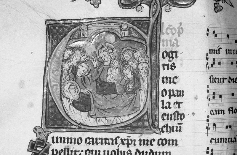 Manuscrit : bréviaire, lettrine historiée C représentant la Dormition de la Vierge Marie (état après restauration de 1965)