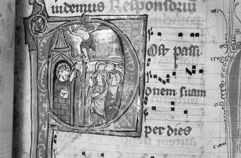 Manuscrit : bréviaire, lettrine historiée P représentant une crucifixion (état après restauration de 1965)
