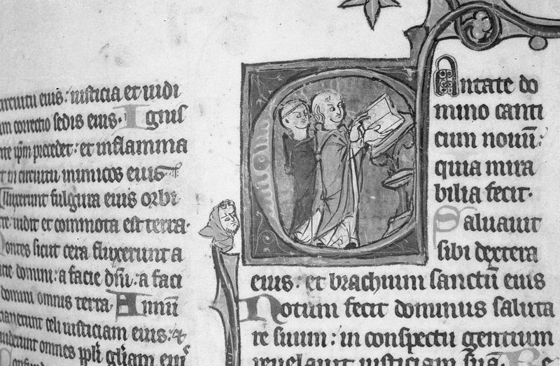 Manuscrit : bréviaire, lettrine historiée C représentant deux moines au lutrin (état après restauration de 1965)