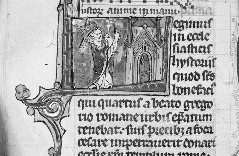 Manuscrit : bréviaire, miniature représentant un évêque bénissant devant une église (état après restauration de 1965)