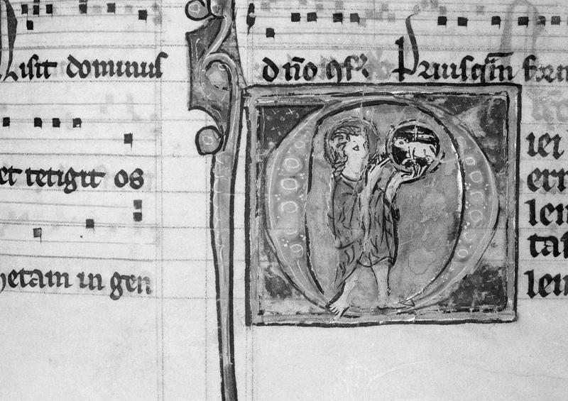 Manuscrit : bréviaire, lettrine historiée O représentant saint Jean-Baptiste (état après restauration de 1965)