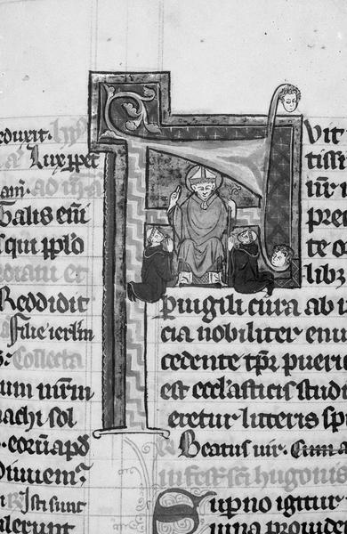Manuscrit : bréviaire, lettrine historiée (?) représentant un évêque bénissant (état après restauration de 1965)