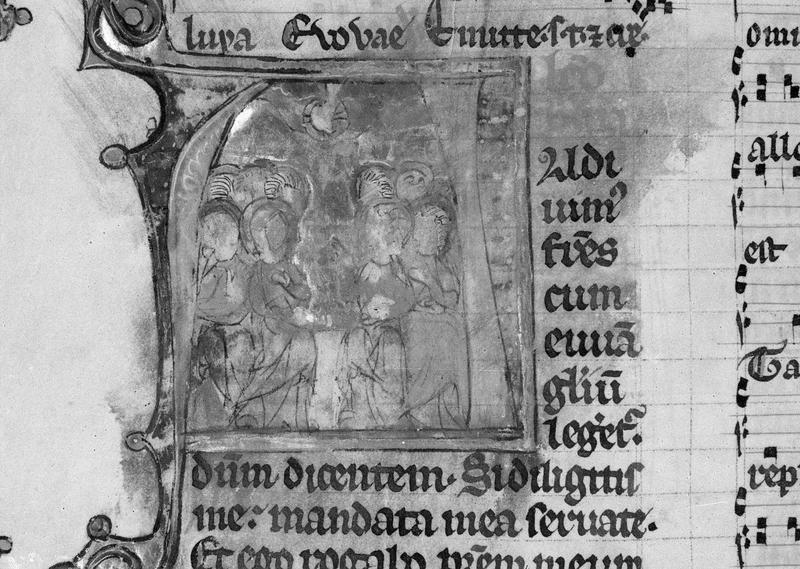 Manuscrit : bréviaire, lettrine historiée (?) représentant la descente du Saint-Esprit  (état après restauration de 1965)
