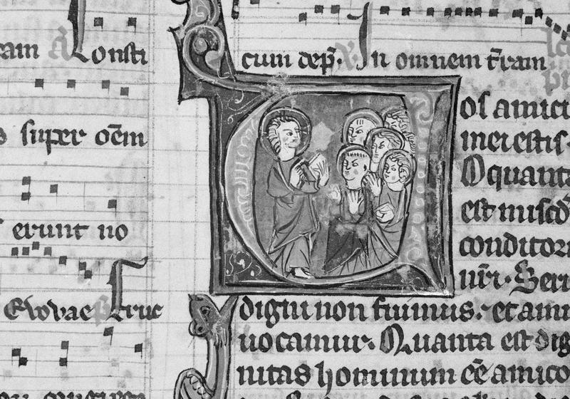 Manuscrit : bréviaire, lettrine historiée (?) représentant un saint prêcheur (supposé) (état après restauration de 1965)