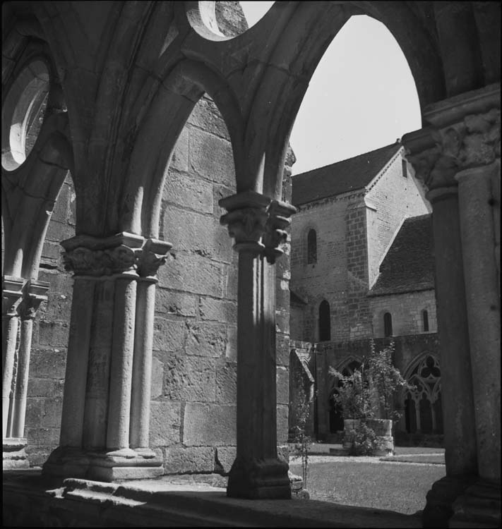 Cloître : jardin et puits vus au travers d’une arcade