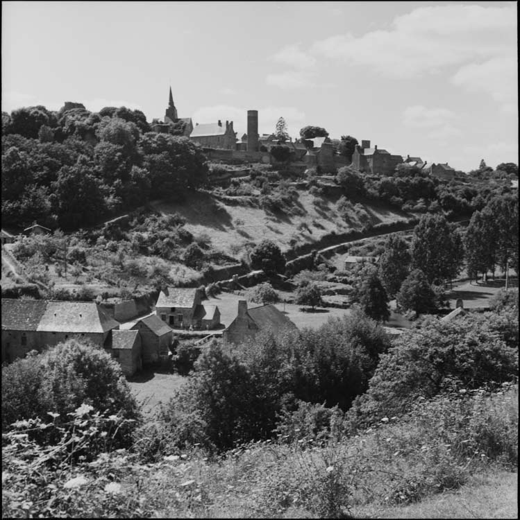 Vue des hauteurs du village ; clocher et château, habitations en contrebas