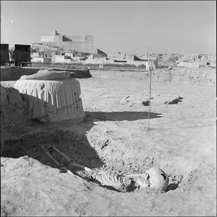 Palais du Chaour : salle hypostyle, base de colonne et tombe parthe ; ville et Château de Chouch en arrière-plan
