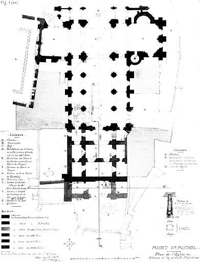 Plan de l'église au niveau de la grande plate-forme indiquant les différentes époques de construction