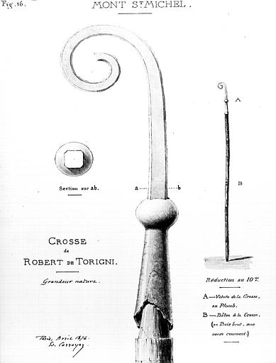 Crosse de Robert de Thorigny en plomb et bois, dessin