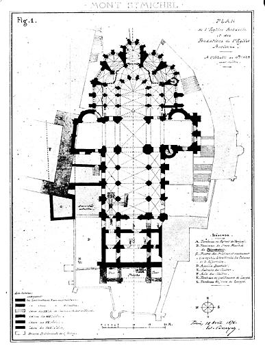 Plan de l'église actuelle et des fondations de l'église ancienne