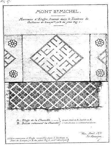 Débris d'étoffes trouvés dans les tombeaux de Guillaume de Lamps et de Jean de Lamps son frère, dessin