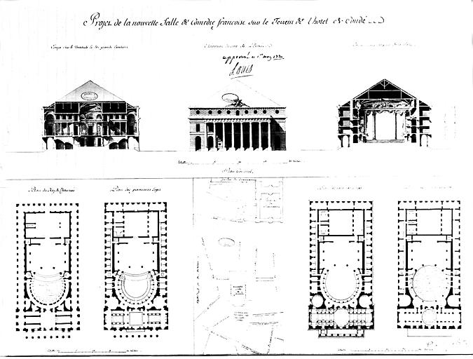 Projet de nouvelle salle de comédie française sur le terrain de l'hôtel de Condé : plans, coupes, élévation