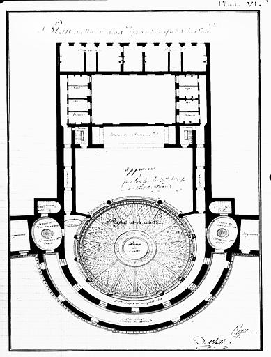 Gravure : Plan au niveau des 4èmes loges et du plafond de la salle