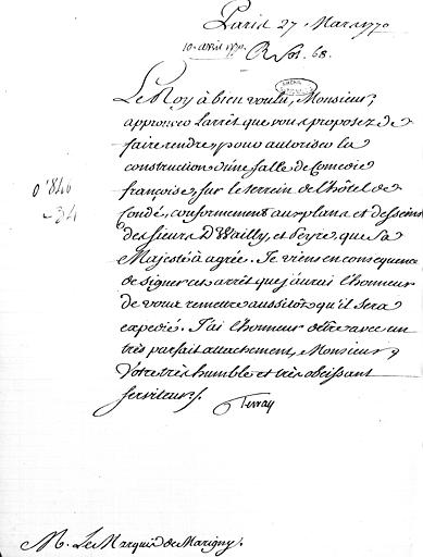 Lettre de Monsieur Terray à Monsieur le Marquis de Marigny autorisant la constrution d'une salle de comédie (27 mars 1770)