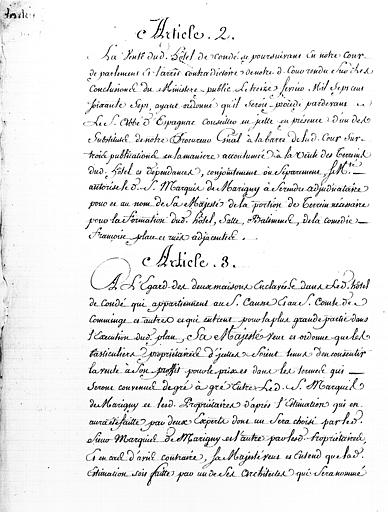 Extrait de registre du Conseil d'Etat au Roy concernant la contruction de la salle de comédie, articles II et III