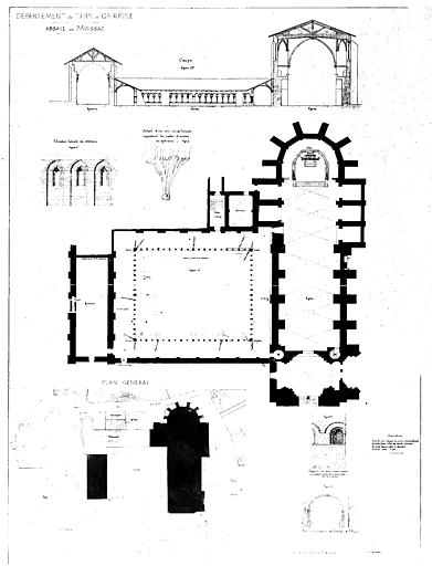 Plans et coupe sur la travée est du cloître