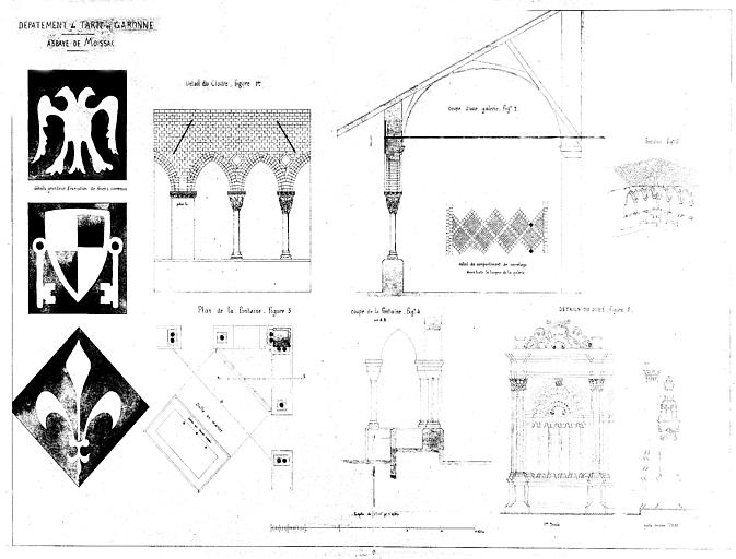 Plans, coupes et divers détails du cloître et du jubé