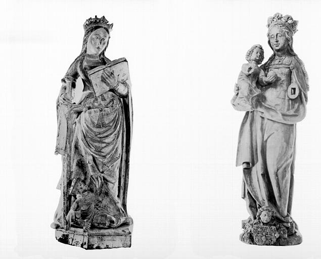 Statue de la Vierge à l'Enfant, statuette de sainte Catherine en bois polychrome (côté gauche du cliché)