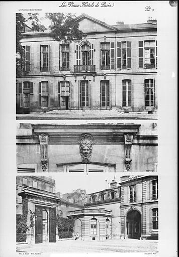 Façade sur jardin, corniche de la porte du rez-de-chaussée et cour d'honneur