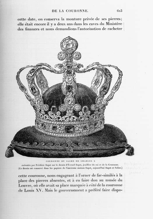 Couronne du sacre de Charles X exécutée par Frédéric Baspt sur le dessin d'Evrard Baspt, joaillier du roi et de la couronne, dessin