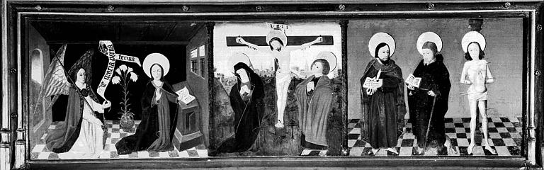 Panneau peint formant un retable (ensemble) : Annonciation, Crucifixion et trois saints