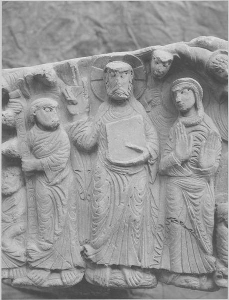 tympan : la Résurrection, l'Assomption de la Vierge, Christ en majesté (le), détail