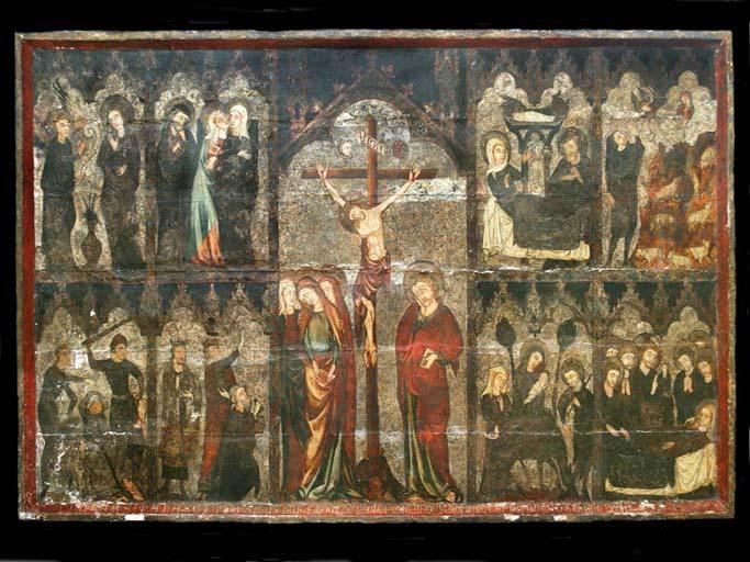 tableau : la Crucifixion, scènes de l'évangile dit retable de Marinyas, vue générale