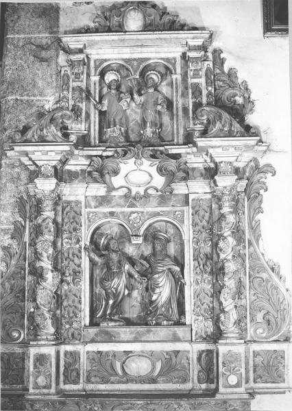 retable, gradin, quatre statues de Saint Pierre et de Saint Paul : Saint Pierre, Saint Paul, Etienne, diacre, Laurent, diacre
