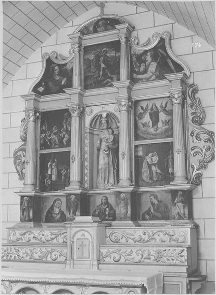 retable de la Vierge : la Naissance de la Vierge, la Présentation de la Vierge au Temple, l'Assomption, la Visitation, la Charité de saint Martin, l'Annonciation, le Père éternel, le Christ bénissant entre la Vierge et saint Jean, les quatre évangélistes, vue générale