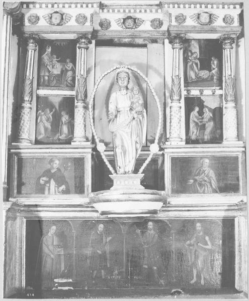 retable du Rosaire, 12 tableaux : Présentation (la), la Nativité, l'Annonciation, la Visitation, saint Dominique, sainte Elisabeth, saint Pierre, sainte Lucie, saint Henri, saint Isidore et saint Jean Baptiste, saint François d'Assise, saint Antoine de Padoue, statues : Vierge à l'Enfant, saint Félix et saint Armengol, vue partielle