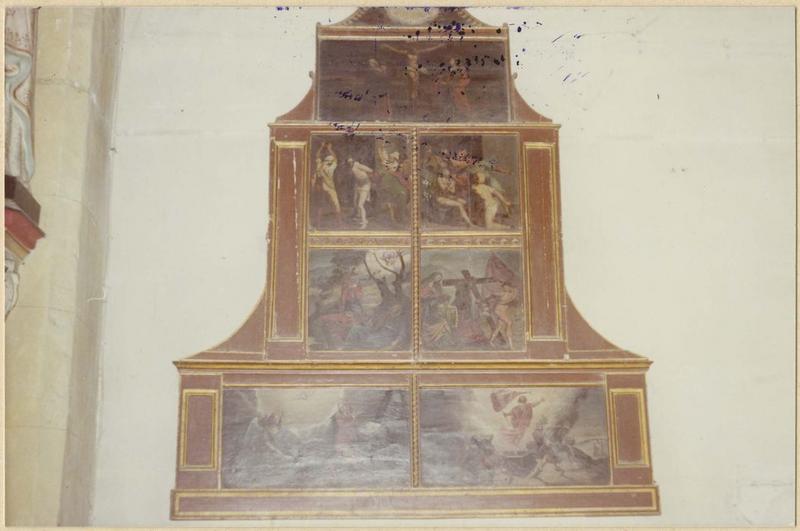 tableaux : la Résurrection, le Portement de croix, le Couronnement d'épines, la Crucifixion, l'Annonciation, l'Agonie, la Flagellation, vue générale