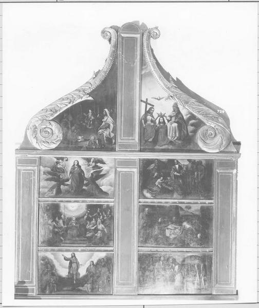retable, tableaux : la Visitation, la Nativité, l'Adoration des Mages, le Couronnement de la Vierge, l'Ascension, Pentecôte (la), Jésus au milieu des docteurs, l'Assomption, vue générale - © Ministère de la Culture (France), Médiathèque du patrimoine et de la photographie, diffusion RMN-GP