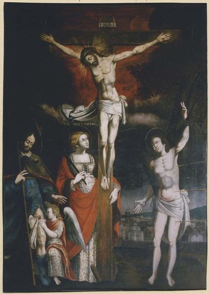 tableau : Christ en croix, entouré de saint Sébastien et de saint Roch, Santa Austricia (?) tenant la palme du martyre, enlace la croix (le), vue générale