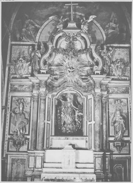 retable, statues du maître-autel : Vierge de l'Assomption, saint Augustin, sainte Monique, vue générale