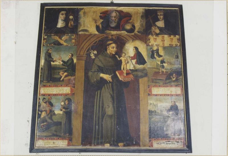 tableau : Scènes de la vie de saint Antoine de Padoue, avec Dieu le Père entouré de Sainte Claire et Saint Catherine de Hongrie en partie supérieure, vue générale