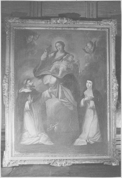 Tableau, cadre : la Vierge du rosaire entre saint Dominique et saint Thérèse