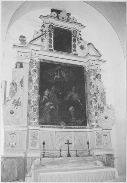 retable de saint Côme et saint Damien, statues, tableaux : saints Côme et Damien en prière, saint François-d'Assise, vue générale